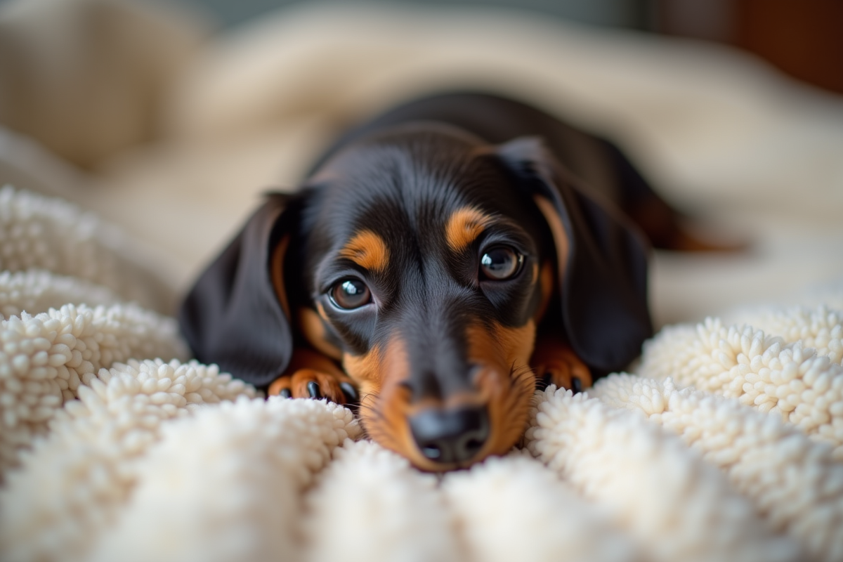 Chiot dachshund au repos sur une couverture claire à l intérieur