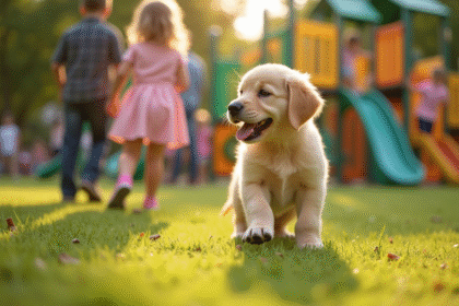 Jeune chiot golden retriever jouant avec des enfants dans un parc ensoleille
