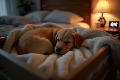 Chiot golden retriever qui pleure la nuit dans son panier près d'un lit de chambre à coucher