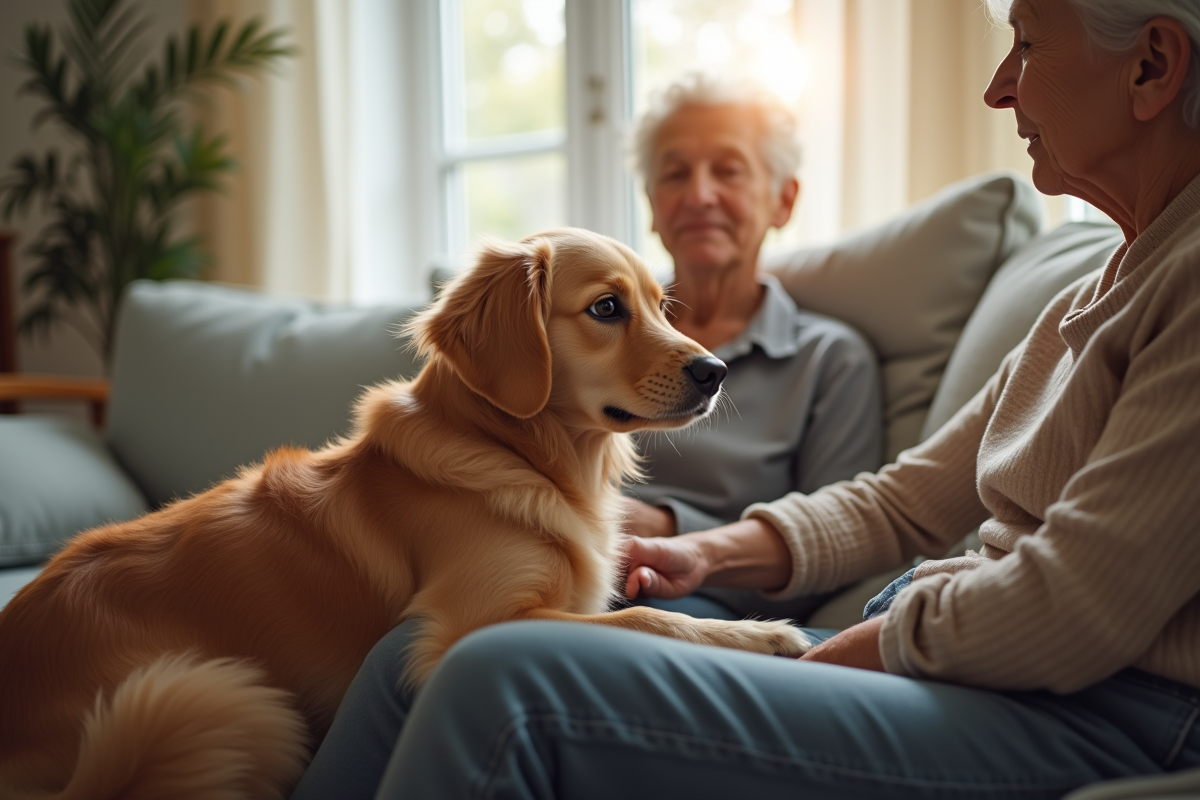 Petit retriever assis avec une personne agee dans un salon chaleureux