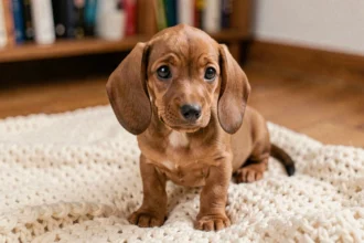 Chiot teckel nain de 8 semaines assis sur une couverture crème dans un salon cosy
