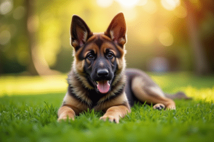 Chiot berger allemand dans un jardin ensoleille