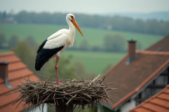 Cigogne blanche debout dans son nid sur un poteau en bois dans un village alsacien, avec des toits en tuiles en arrière-plan