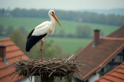 Cigogne blanche debout dans son nid sur un poteau en bois dans un village alsacien, avec des toits en tuiles en arrière-plan