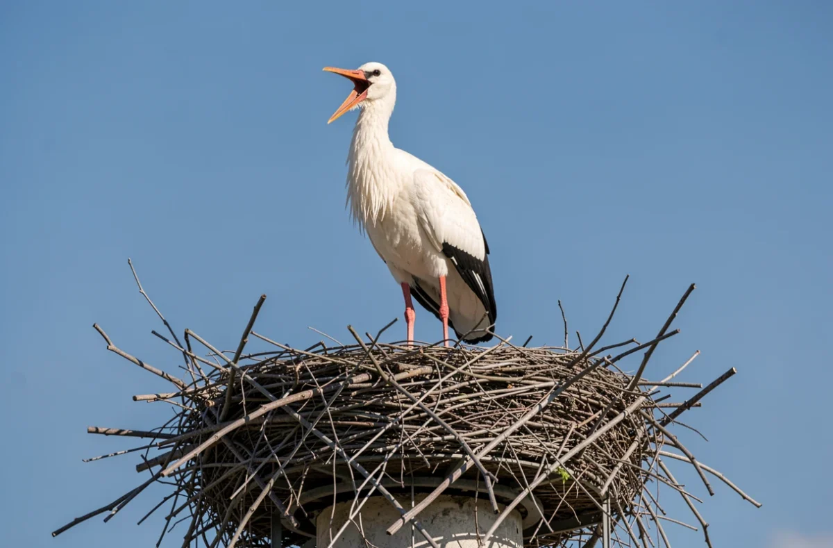 Cigogne blanche sur son nid, le bec ouvert