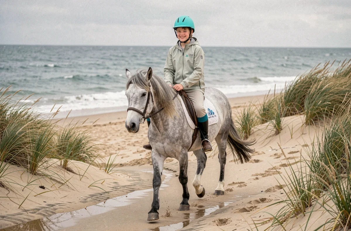 Jeune cavalier sur un poney gris trottant sur la plage près de Saint-Jean-de-Monts avec les dunes et l'Atlantique en arrière-plan