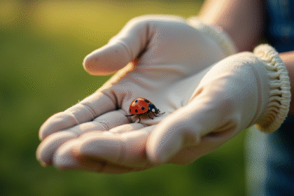 Main tenant une coccinelle à pois en gros plan