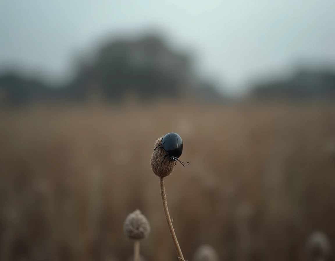 Coccinelle noire sur une tige de fleur séchée dans un champ au crépuscule, signification spirituelle et présage de mort