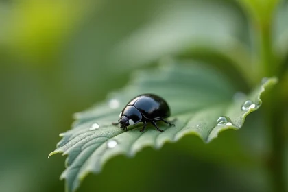 Coccinelle noire posée sur une feuille verte avec des gouttes de rosée, symbolisme et présage