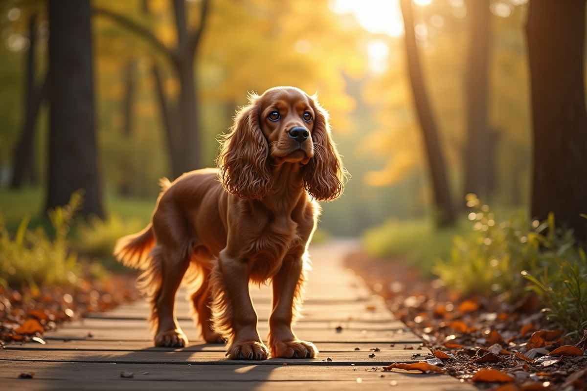 Cocker Spaniel debout sur un chemin en forêt ensoleillée