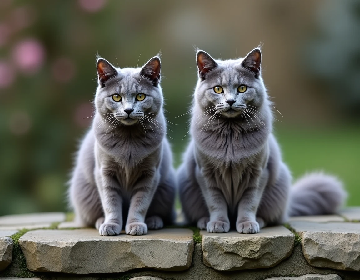 Comparaison côte à côte d'un chat bleu de Russie et d'un chat Nebelung sur une surface en pierre dans un jardin européen