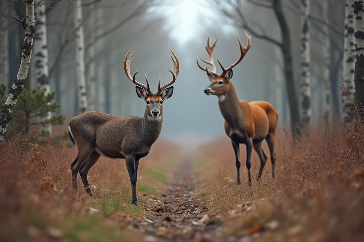 Comparaison naturelle entre un chevreuil et une biche dans une clairière forestière, mettant en évidence les différences de taille entre les deux espèces
