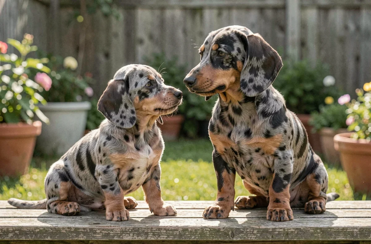 Chiot et adulte teckel nain côte à côte sur un banc de jardin illustrant la différence d'âge