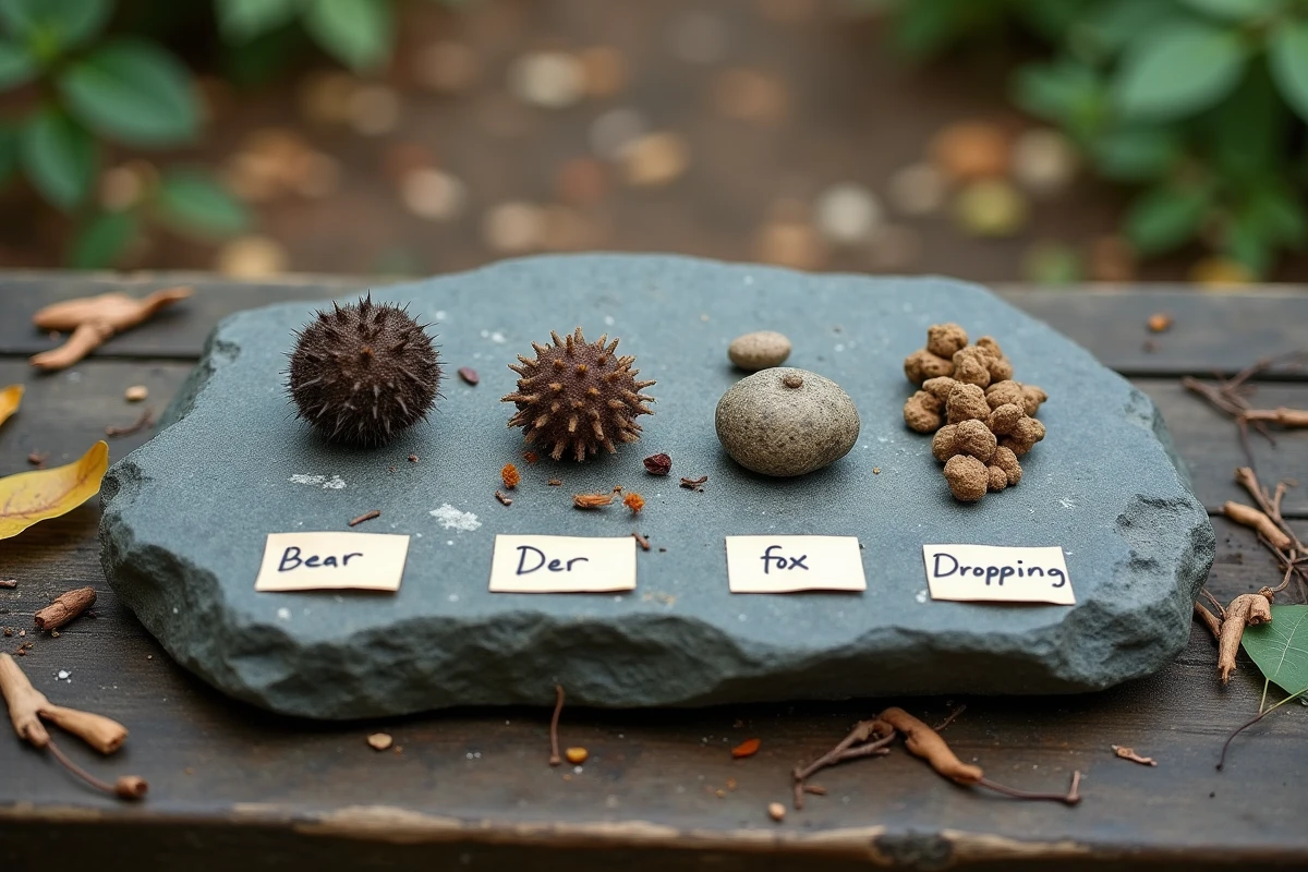 Comparaison de différentes crottes d'animaux sauvages dont sanglier cerf et renard posées sur une pierre