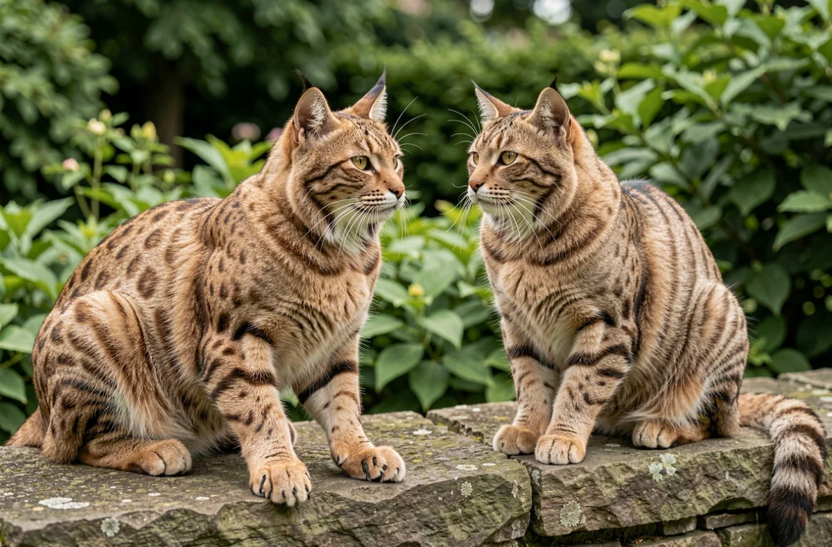 Comparaison côte à côte d'un chat Highlander et d'un Highland Lynx sur un muret en pierre dans un jardin, illustrant leurs différences physiques distinctives.