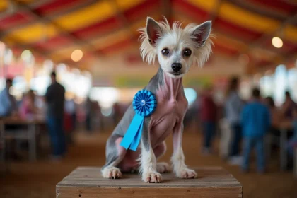 Chien Chinese Crested chauve avec ruban bleu lors d'un concours du chien le plus moche dans une foire américaine