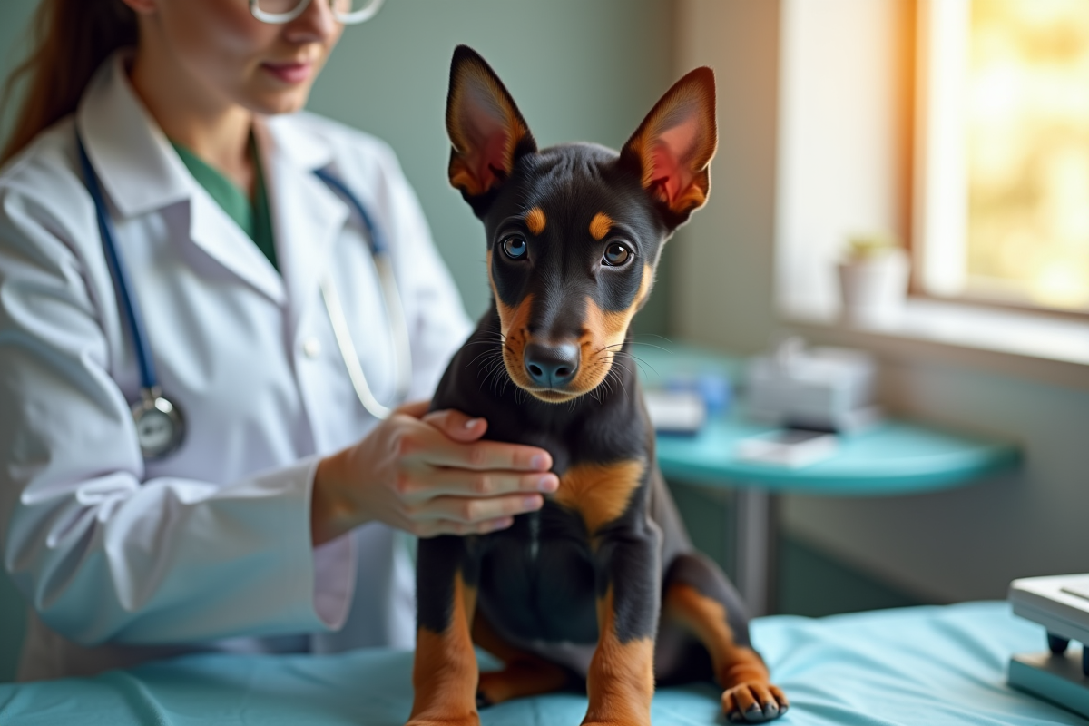 Vétérinaire examine un chiot doberman dans une clinique