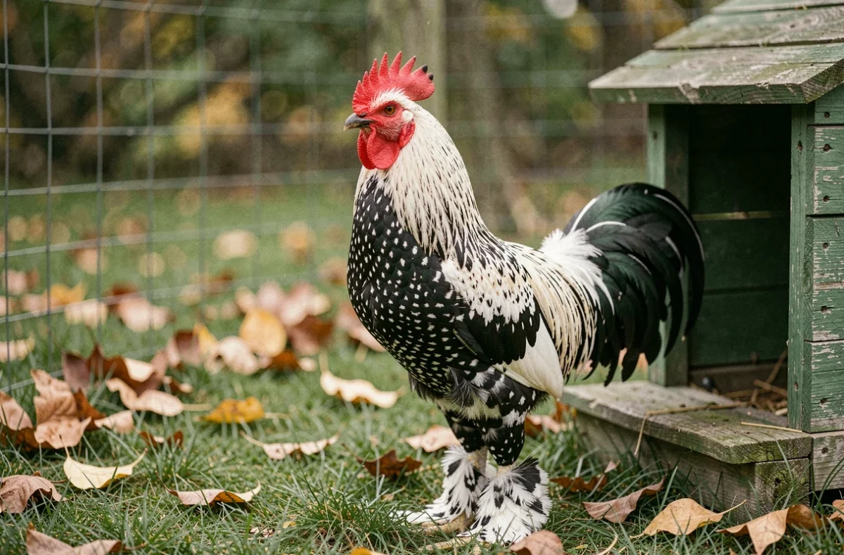 Coq Brahma Columbian en plein air dans un enclos herbeux, plumage détaillé et pattes emplumées caractéristiques de la race