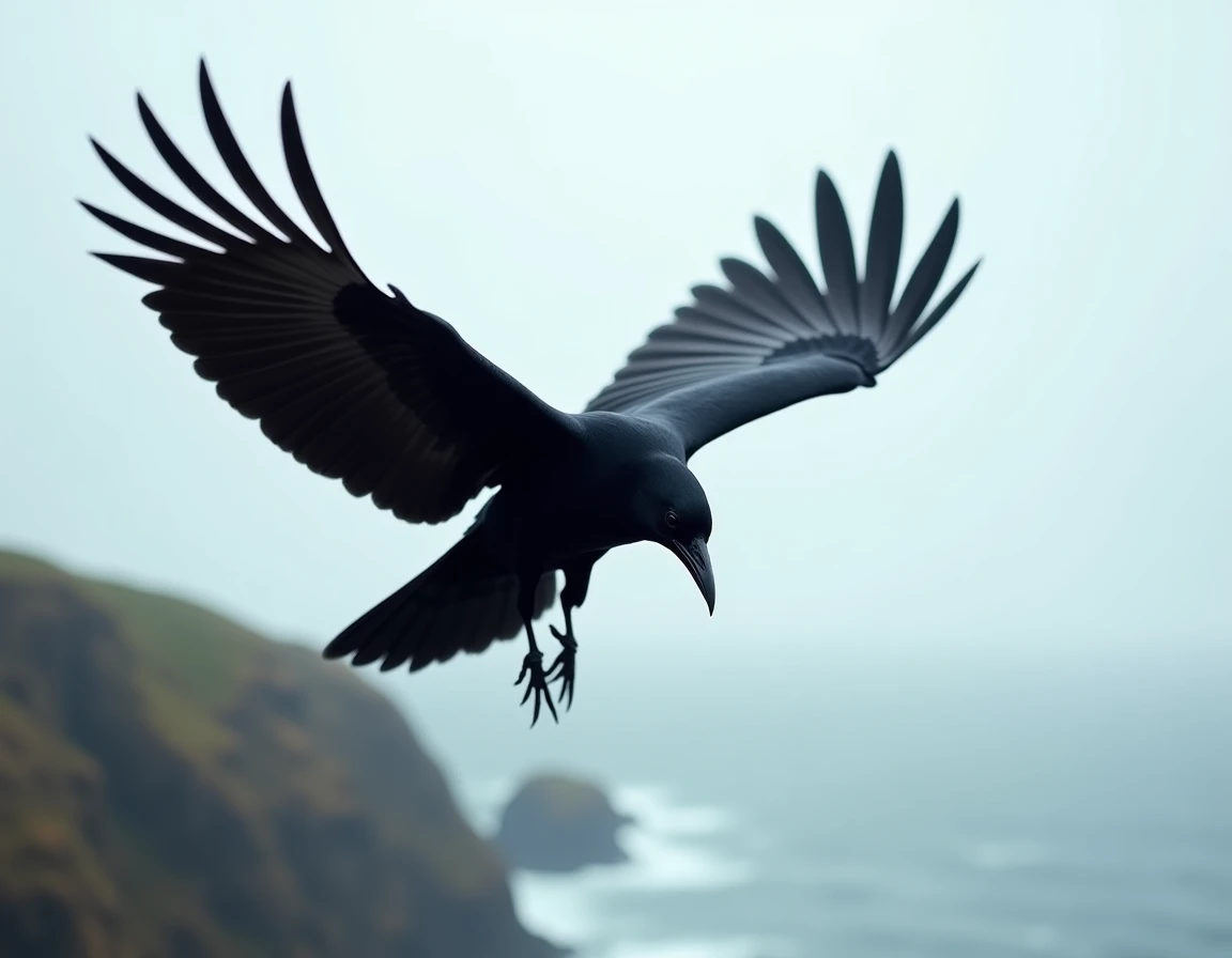 Corbeau en plein vol au-dessus de falaises côtières, ailes déployées montrant les plumes primaires