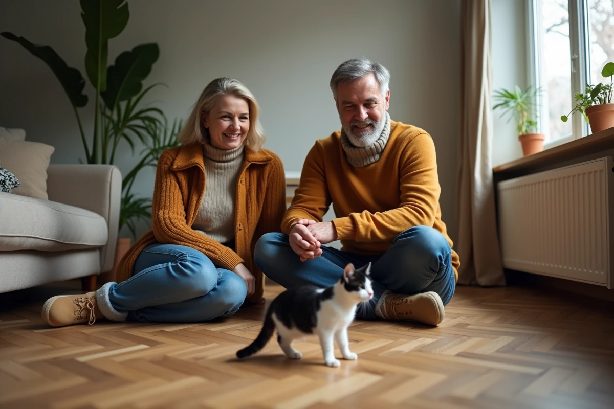 Couple accueillant un chat chez eux lors d'une adoption entre particuliers