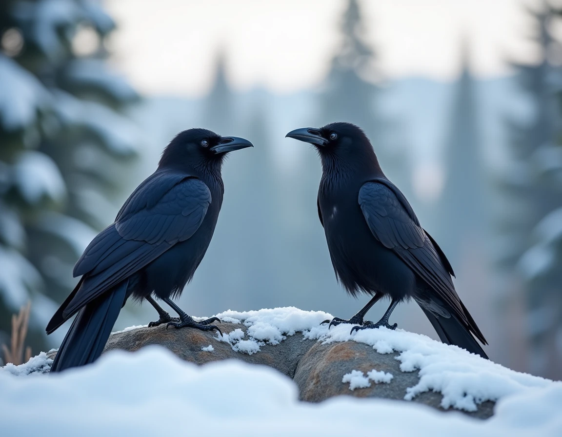 Deux corbeaux ensemble sur un rocher enneigé en forêt boréale, scène naturelle de couple