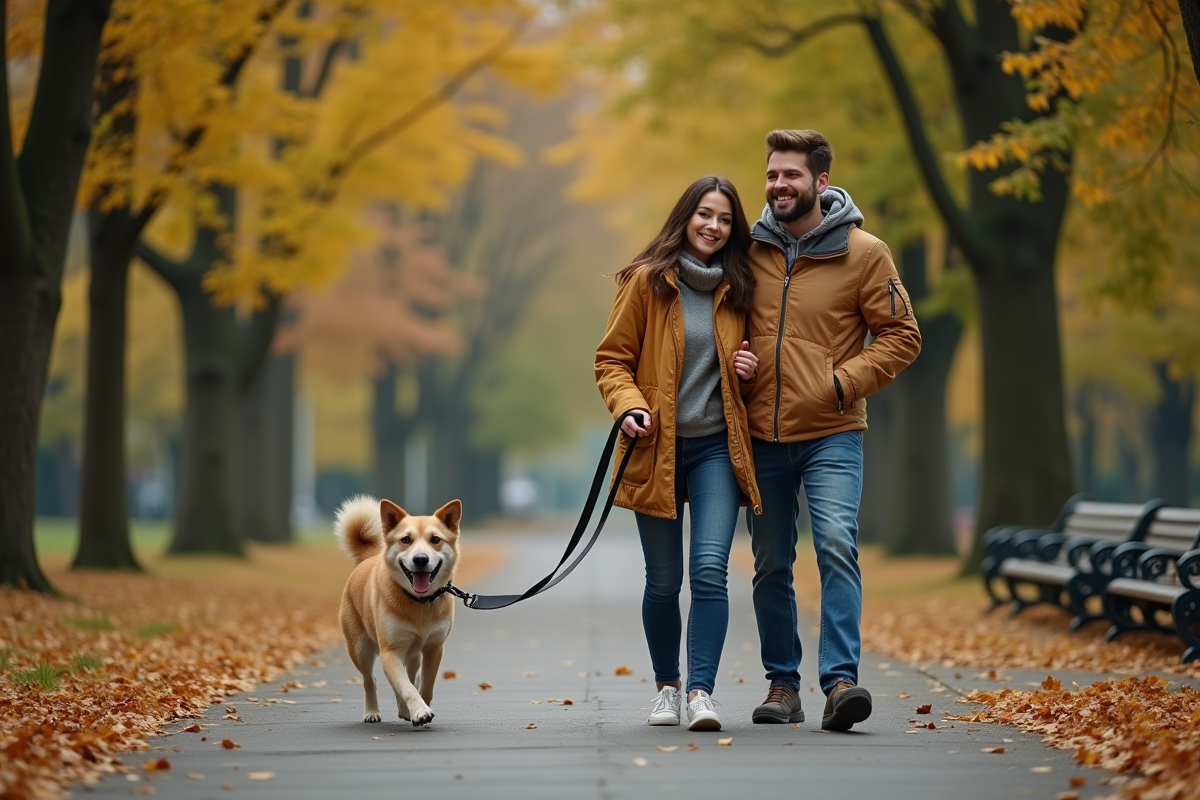 Jeune couple promenant leur chien dans un parc en automne