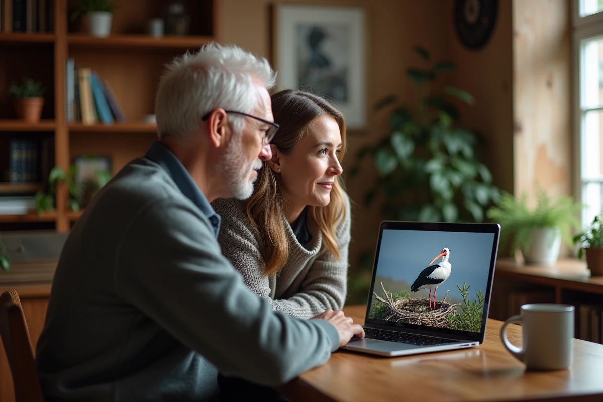 Couple passionné d'ornithologie regardant une webcam en direct de cigognes sur un ordinateur portable à la maison