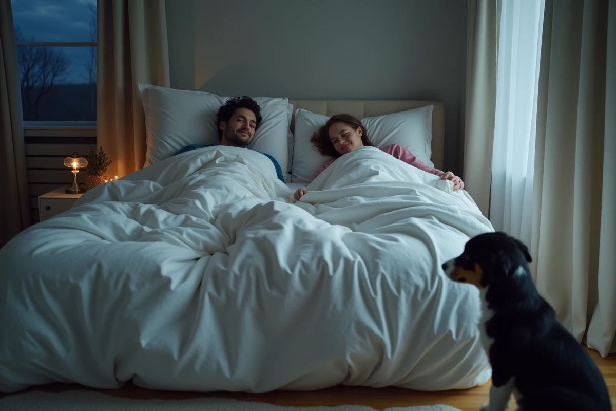 Couple réveillé la nuit par leur chiot border collie au pied du lit dans une chambre parentale