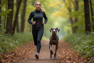 Femme en course dans la forêt avec son chien Weimaraner