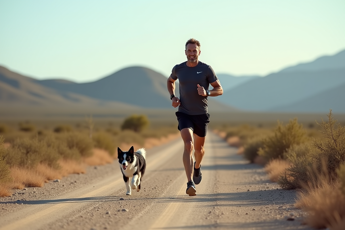 Homme courant avec son chien Border Collie dans un paysage aride