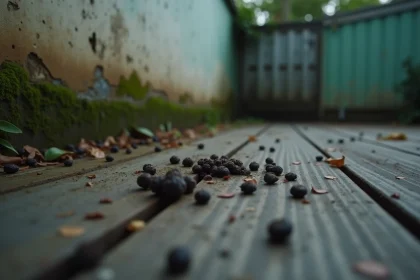 Crottes d'animaux nocturnes sur une terrasse en bois usé, risques sanitaires pour les propriétaires