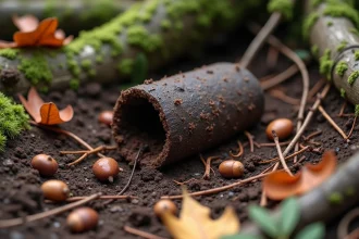 Crottes de sanglier sur un sol forestier humide parmi des feuilles mortes et des aiguilles de pin