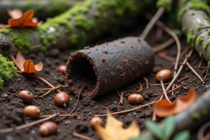 Crottes de sanglier sur un sol forestier humide parmi des feuilles mortes et des aiguilles de pin