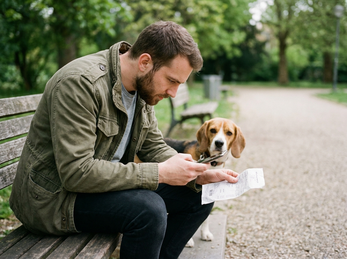 Propriétaire de chien photographiant une facture vétérinaire avec son smartphone pour remboursement mutuelle
