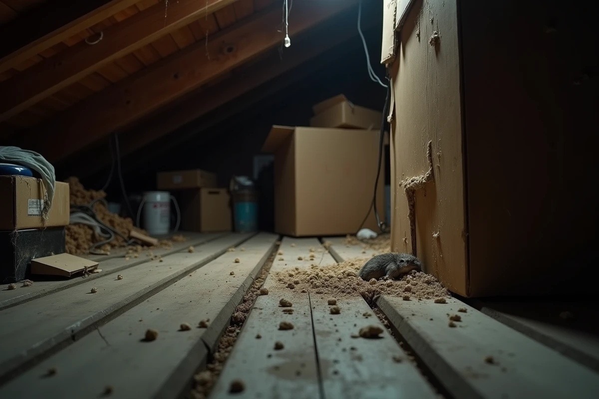 Traces de déjections de rongeurs dans un grenier poussiéreux avec cartons rongés, risques sanitaires