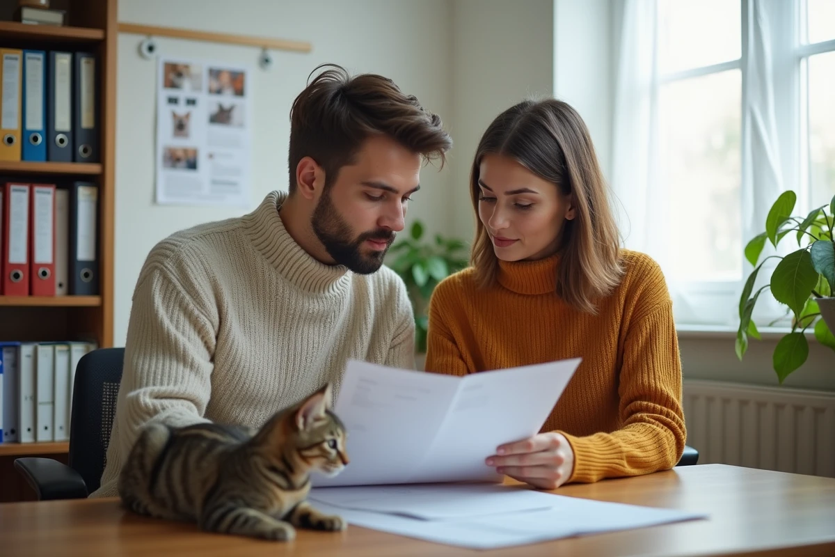 Couple étudiant un dossier d'adoption animale dans les bureaux d'un refuge ou fonds de protection