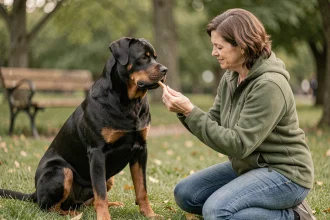 Femme entraînant un Rottweiler adulte à s'asseoir dans un parc verdoyant, démontrant une technique de dressage positive avec une friandise
