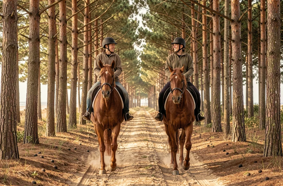 Deux cavaliers sur des chevaux bais en balade dans la forêt de pins côtiers de Saint-Brévin-les-Pins organisée par Les Écuries de Saint-Brévin