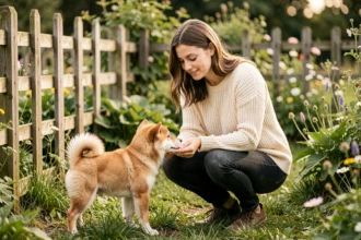 Femme accroupie dans un jardin interagissant avec un chiot Shiba Inu miniature aux poils orange et blanc, dans un élevage français à la campagne