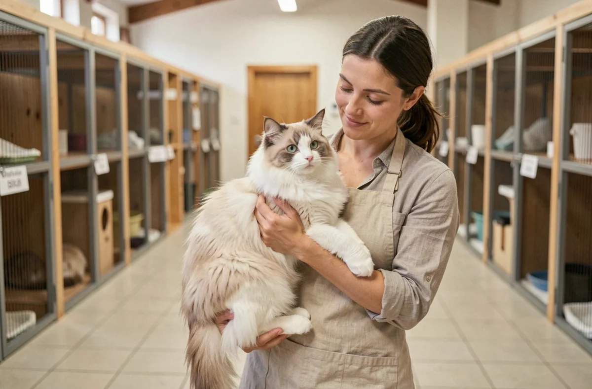 Chat Ragdoll tenu par une soignante dans les installations professionnelles de l'Élevage des Terres d'Azade à Sandrans dans l'Ain