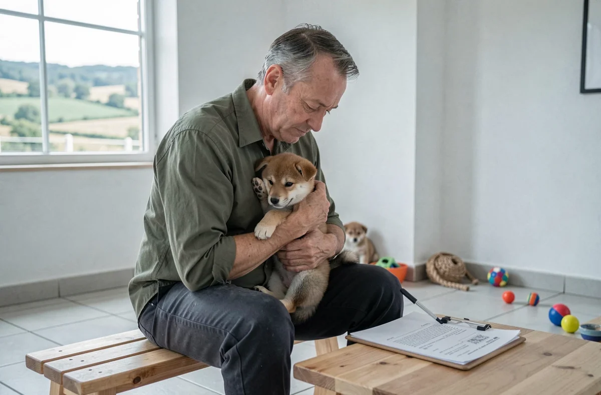 Éleveur français tenant un chiot Shiba Inu miniature en salle de jeux intérieure, consultant des documents d'élevage sur un porte-documents