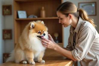 Éleveuse professionnelle présentant un chien Boo Poméranien sur une table en bois dans un chenil propre