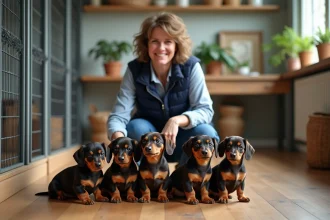 Eleveuse de chiens dachshund avec chiots dans un espace chaleureux