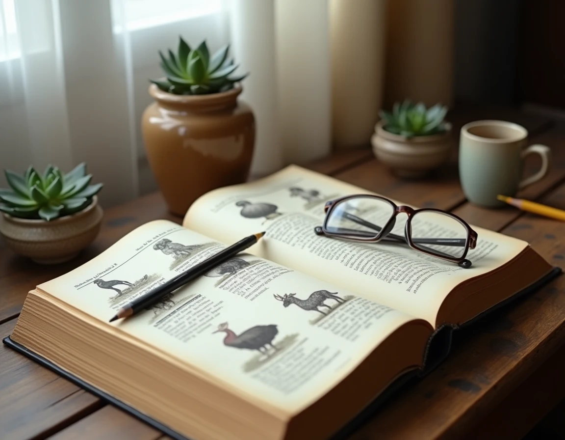 Encyclopédie ouverte sur des illustrations d'animaux en U posée sur un bureau en bois avec des lunettes et un crayon