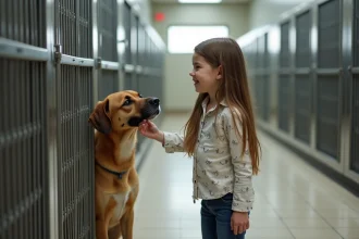 Fille de 7 ans caressant un chien en refuge