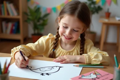 Fille souriante de 7 ans coloriant une carte d anniversaire
