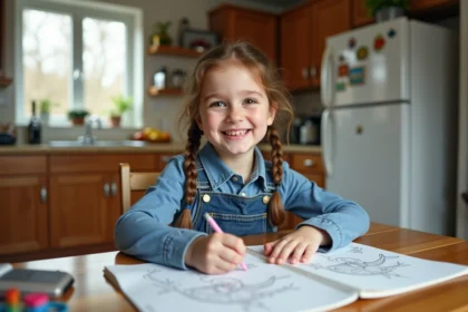 Fille souriante de 5 ans dessinant un oiseau dans un livre de coloriage dans la cuisine