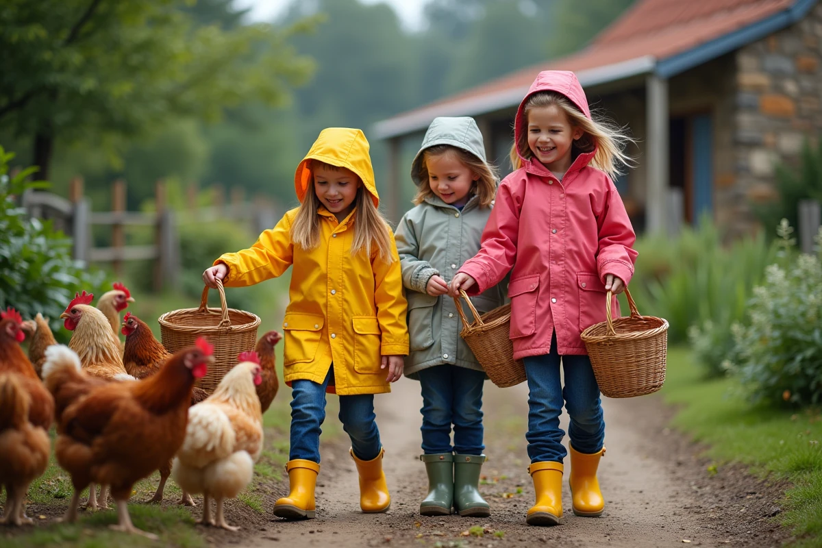 Trois enfants nourrissant des poules dans une ferme en plein air