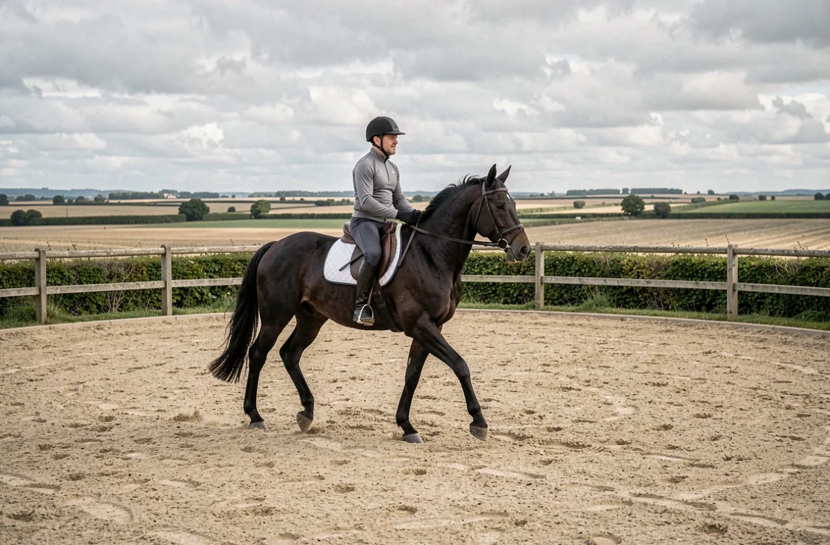 Cavalier masculin sur un cheval noir en travail dans l'arène de l'Espace Équestre des Plaines de Mazerolles à Saint-Mars-du-Désert avec le bocage en arrière-plan