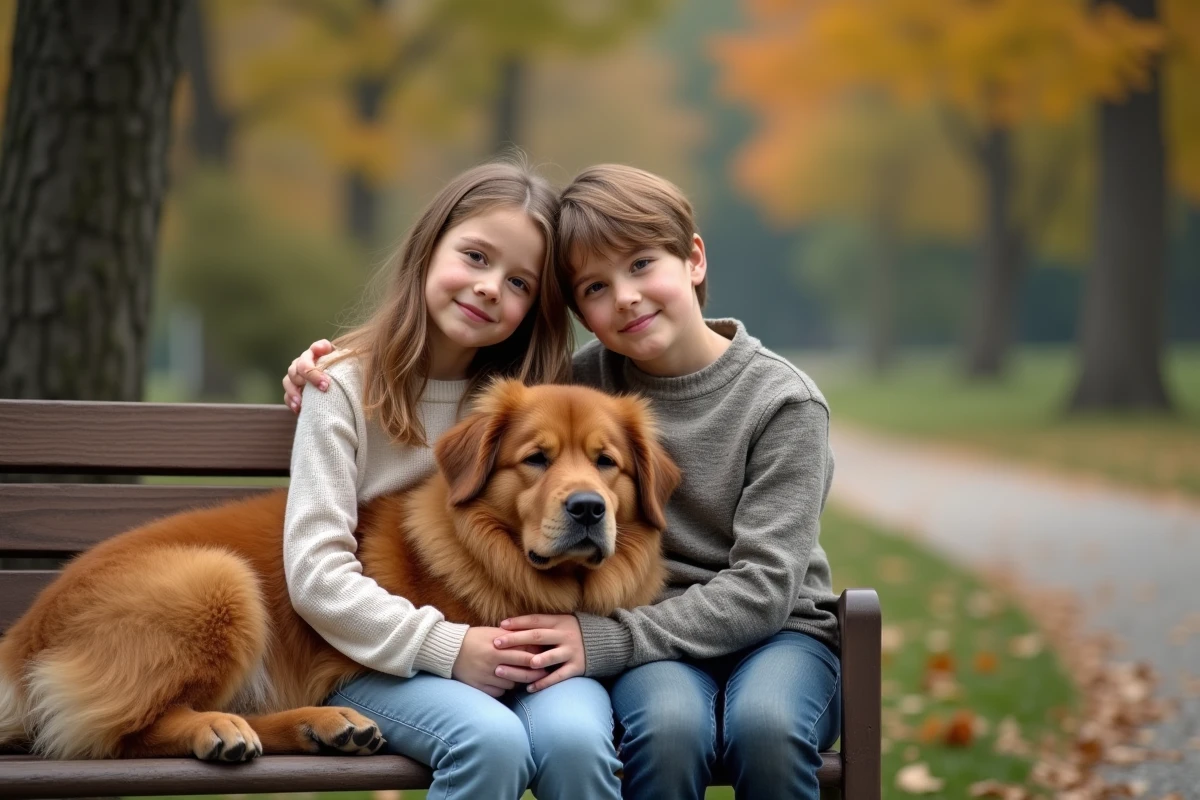 Deux enfants sur un banc de parc avec un chien Eurasier posant la tête sur les genoux de la fillette